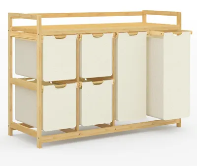 Produktbild von Wäschekorb 200L 6 Fächer Bambus Beige mit 2 Wäschesäcken und 4 Stoffboxen