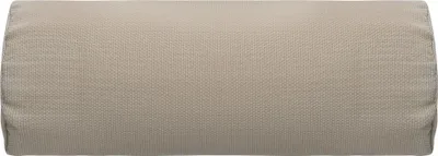 A close-up, studio shot of a taupe headrest pillow.