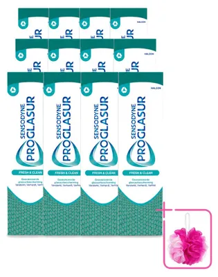 Imagen del producto de 12 tubos de pasta dental Sensodyne Proglasur Fresh & Clean, 75 ml cada uno, pack ahorro, 12 unidades