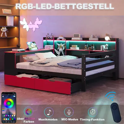Immagine prodotto di Merax Letto per bambini Divano letto 140x200 cm con scrivania e scaffali, letto in legno con LED e prese elettriche, letto multifunzionale con cassetti, nero+rosso