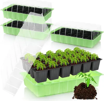 Produktbild von com-four® 4x Zimmergewächshaus, Multitopfplatten mit Deckel, Pflanzkasten mit Anzuchttöpfen für 96 Pflanzen, Anzuchtset für Blumen, Obst und Gemüse