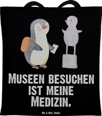 Produktbild von Mr. & Mrs. Panda Tote Bag Pinguin Museum besuchen - Schwarz - Geschenk, Schultasche, Tasche, Shopping, Museen, Uni, Einkaufstasche