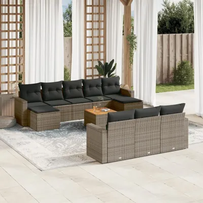 Produktbild von Design 11-tlg. Garten-Sofagarnitur mit Kissen Grau Poly Rattan, Gartenmöbel-Sets 2024 Neu
