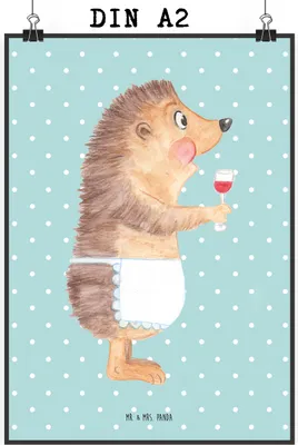 Produktbild von Mr. & Mrs. Panda Bild Igel Wein DIN A2 - Türkis Pastell - Geschenk, Rotwein, Deko, Lustige Sprüche, Weinglas, Wandbild, wanddeko, Weinliebhaber, Weißwein, drucke