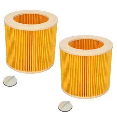 Two cylindrical filters and two small caps, against a white background.