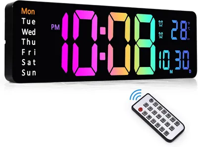 Produktbild von 13 Zoll LED Digitale Wanduhr mit Fernbedienung, Countdown Timer, Doppelalarm, Datum, Wochentag, Temperatur, dimmbar für Schlafzimmer Büro Küche