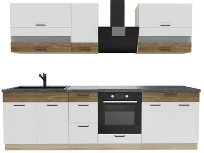 Obrázek produktu pro Kuchynská linka 270 cm – FAVORIT A – bílá lesklá a dub Sonoma – pracovní deska tmave hnedá – vestavená kuchyne se zásuvkami s kovovými úchytkami – kuchyn pro jednoho