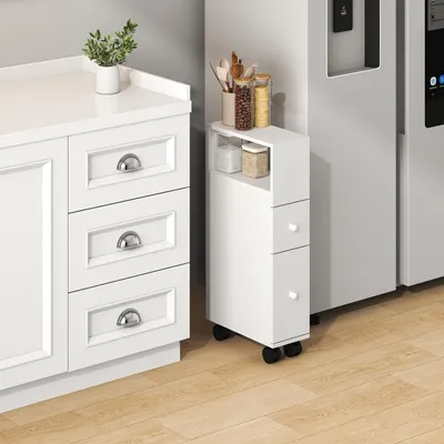Produktbild von Nischenschrank auf Rollen 'Broreynna' 66 x 15 x 33 cm mit 2 Schubladen und 1 offenes Fach Weiß