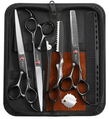 Produktbild von Friseurschere Set 2x Gerade 20cm, 1x Ausdünnschere 18cm, Edelstahl 440C, Titan-Schwarz