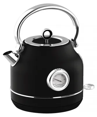 A black electric kettle with a silver handle and trim, featuring a built-in thermometer.