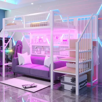 A modern bedroom setup with a loft bed, sofa, and gaming chair, illuminated by pink and blue LED lights.