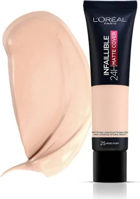 Zdjęcie produktu dla L'Oreal Paris, Infaillible 24H Matte Cover, Liquid Foundation, 25, Rose Ivory, 30 ml