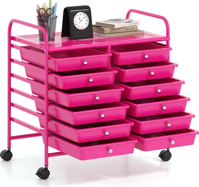 Image de COSTWAY Chariot à 12 tiroirs superposables, chariot à tiroirs Caisson à roulettes avec châssis métallique & surface de rangement 64 x 38 x 62 cm rose