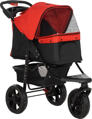 Produktbild von PawHut faltbarer Hunde-Kinderwagen, kleiner Hundewagen mit 3 Rädern, Netzfenstern, Aufbewahrungskorb und Sicherheitsgurten, 109,5 x 57,5 x 106,5 cm, Rot