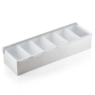 Zdjęcie produktu dla Pojemnik na składniki z 6 wkładami o pojemności 0,45 l każdy, 45 x 15 x 9 cm, stal nierdzewna, akryl