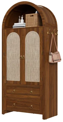 Produktbild von Sideboard - Bogenstil mit Rattan & Metallgriffen - Doppelschubladen - Vintage, vielseitig