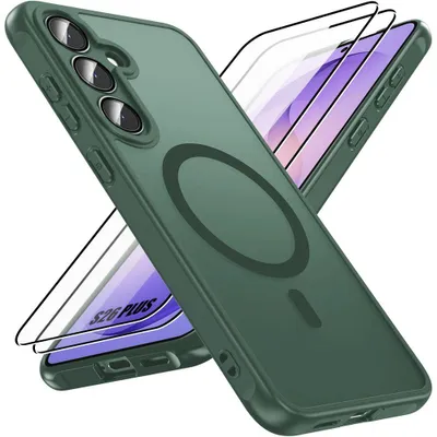 Image de Coque + 2 Verres Trempés pour Samsung Galaxy S26 Plus, avec Anneau Magnétique et Vitre Caméra - Vert Nuit