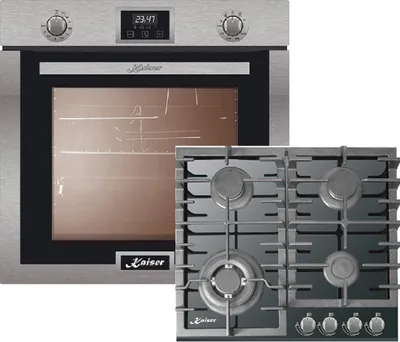 A stainless steel oven and a black gas stovetop are shown side-by-side against a white background.