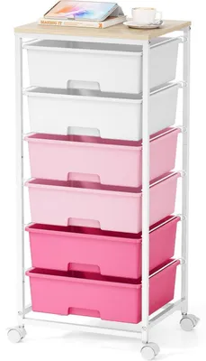 Image de Chariot mobile sur roulettes avec 6 tiroirs et plateau en bois, couleur rose