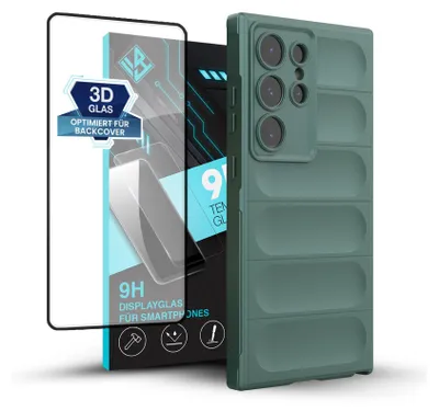 A green phone case and a screen protector are displayed against a white background.