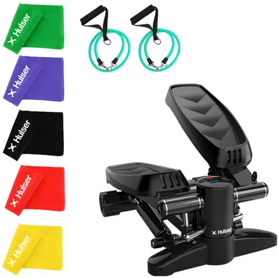 Productafbeelding van Hulser 2-in-1 Stepapparaat voor thuisgebruik met display - Volledig lichaamstrainer met verstelbaar weerstandssysteem en lange weerstandsbanden (set van 5) - Fitness