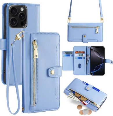 Produktbild von Handykette für iPhone 16 Pro – Kunstleder Hülle mit Band, Kartenfächern & Umhängetasche Hellblau