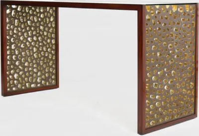 Produktbild von Casa Padrino Designer Schreibtisch mit Glasplatte Braun / Bronze / Gold 140 x 55 x H. 77 cm - Bürotisch - Computertisch - Luxus Büro Möbel