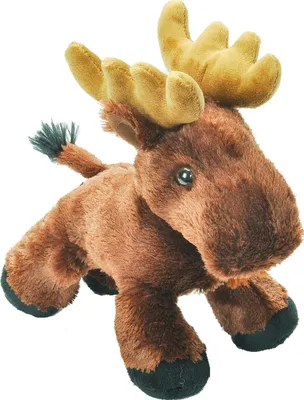 A plush toy moose is shown against a white background.