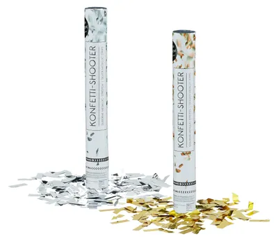 Produktbild von 2 x Party Popper 40 cm im Konfettikanonen Set, Konfetti Bombe für deine Party,6-8 m Effekthöhe, silber / gold metallic