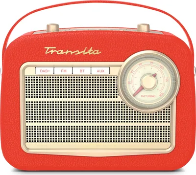 A red retro-style radio with a tuning dial and buttons.