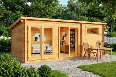 Produktbild von Alpholz Gartenhaus Atrium-E aus Holz, Gerätehaus 598x420cm mit 34 mm Wandstärke in Imprägniert Pinie