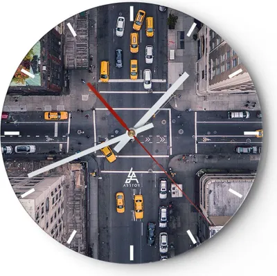 Produktbild von Wanduhr - Rund - Glasuhr - New York Straße - 30x30cm - Schleichendes Uhrwerk - Lautlos - zum Aufhängen bereit - Dekoration Modern - Wanddekoration aus Glas - C3AR30x30-3429
