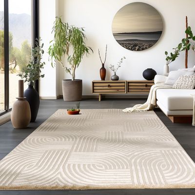 Wohnzimmer Teppich Teppich Kurzflor Skandinavische Stil Beige Einfarbig 3D Optik, 200 x 290 cm, Beige-2