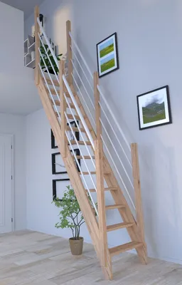 Produktbild von Raumspartreppe Eiche 3000 mit Holz-Edelstahlgeländer in weiß beidseitig
