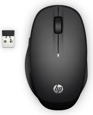 A black HP wireless mouse and its USB receiver are shown on a white background.
