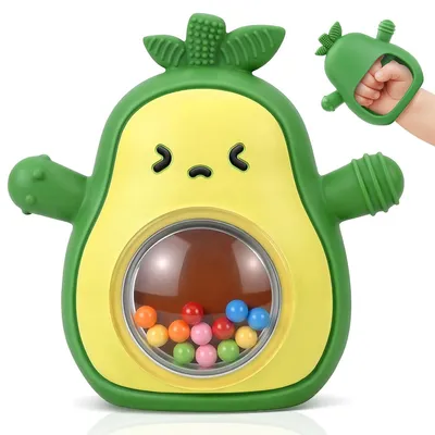 Produktbild von Baby-Rassel Beißspielzeug,Silikon Avocado Beißhandschuh,sensorisches Spielzeug zum Greifen,Kauen,Saugen und Hören, BPA-frei, lindert Zahnungsschmerzen