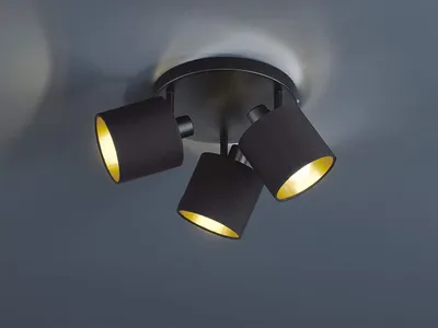 Produktbild von LED Deckenstrahler schwenkbar 3 flammig mit Stoffschirm in schwarz gold Wandspot