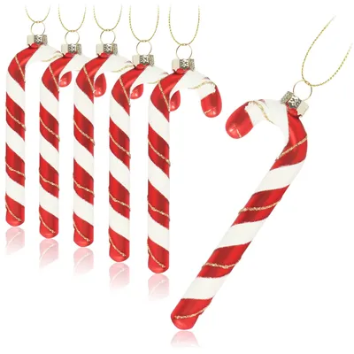 6 Candy Cane Christbaumanhänger, glänzend, rot/weiß/gold, 12 cm