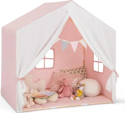 Produktbild von GOPLUS Kinderzelt mit Holzrahmen, Multifunktionaler Kinderspielhaus mit Fahnenbanner, großem Vorhang & 2 Fenster, Spielzelt für Jungen und Mädchen ab 3 Jahren (Rosa)