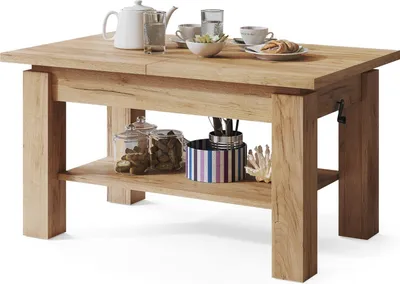 A wooden coffee table with items on it and on a shelf below.