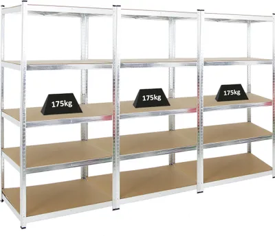 Produktbild von Mega Deal | 3x Schwerlastregal Ragnar | HxBxT 180x90x60cm | 5 MDF-Platten-Ebenen | Fachlast 175kg | Verzinkt