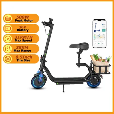 Produktbild von Elektrischer E-Scooter mit Sitz - H2PRO 35KM - 350W Motor - 36V Akku - Reichweite bis 35 km - 31 km/h - 21,6 cm Reifen, klappbar, App, Korb