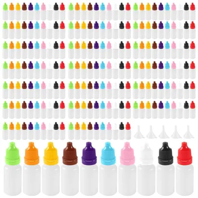 300 Plastik-Dropflaschen 10 ml mit farbigen Deckeln, nachfüllbar