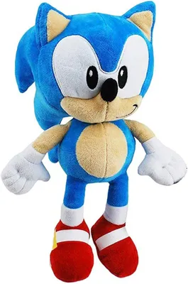A plush toy of Sonic the Hedgehog standing against a white background.