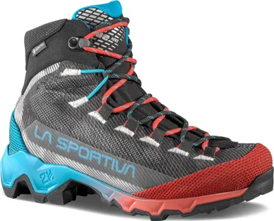 Aequilibrium Hike Woman Gtx von La Sportiva; Mid Cut Wanderschuh für Damen in Grau; Rot und Blau.