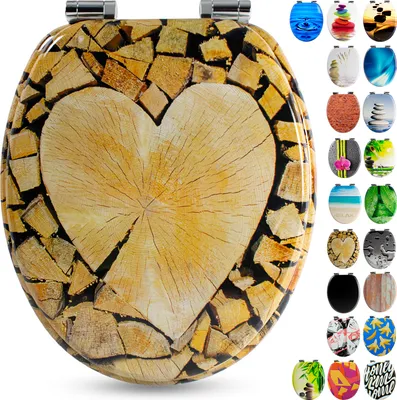 A toilet seat with a wood heart design and a collage of other toilet seat designs on the right.