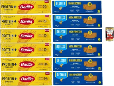 Produktbild von Pasta High protein Testpaket, De Cecco und Barilla Spaghetti, Italienische Hartweizennudeln, 12 Packungen à 400g, Pasta aus 100% italienischem Hartweizen, + Italian Gourmet polpa 400g