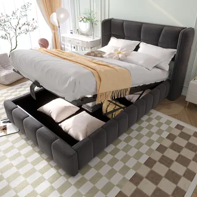 Produktbild von Polsterbett 90x200cm, Kinderbett Stauraumbett Einzelbett Jugendbett mit Lattenrost, Kopfteil, Leinenrahmen, für Kinder/Jugendliche,Grau(Ohne Matratze)