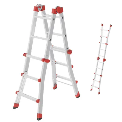 Produktbild von Hailo M80 Alu-Multifunktionsleiter - Schiebeleiter 4 x 3 Sprossen belastbar bis 150 kg - Sicherheitsgelenke und Rastgriffe - sprossenweise höhenverstellbar - Mehrzweckleiter rostfrei - Silber