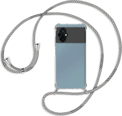 Produktbild von Handykette Backcover-Schutzhülle mit Band (Metall silberfarben) für Xiaomi Poco M5 (6.58'') - weiß/grau kariert